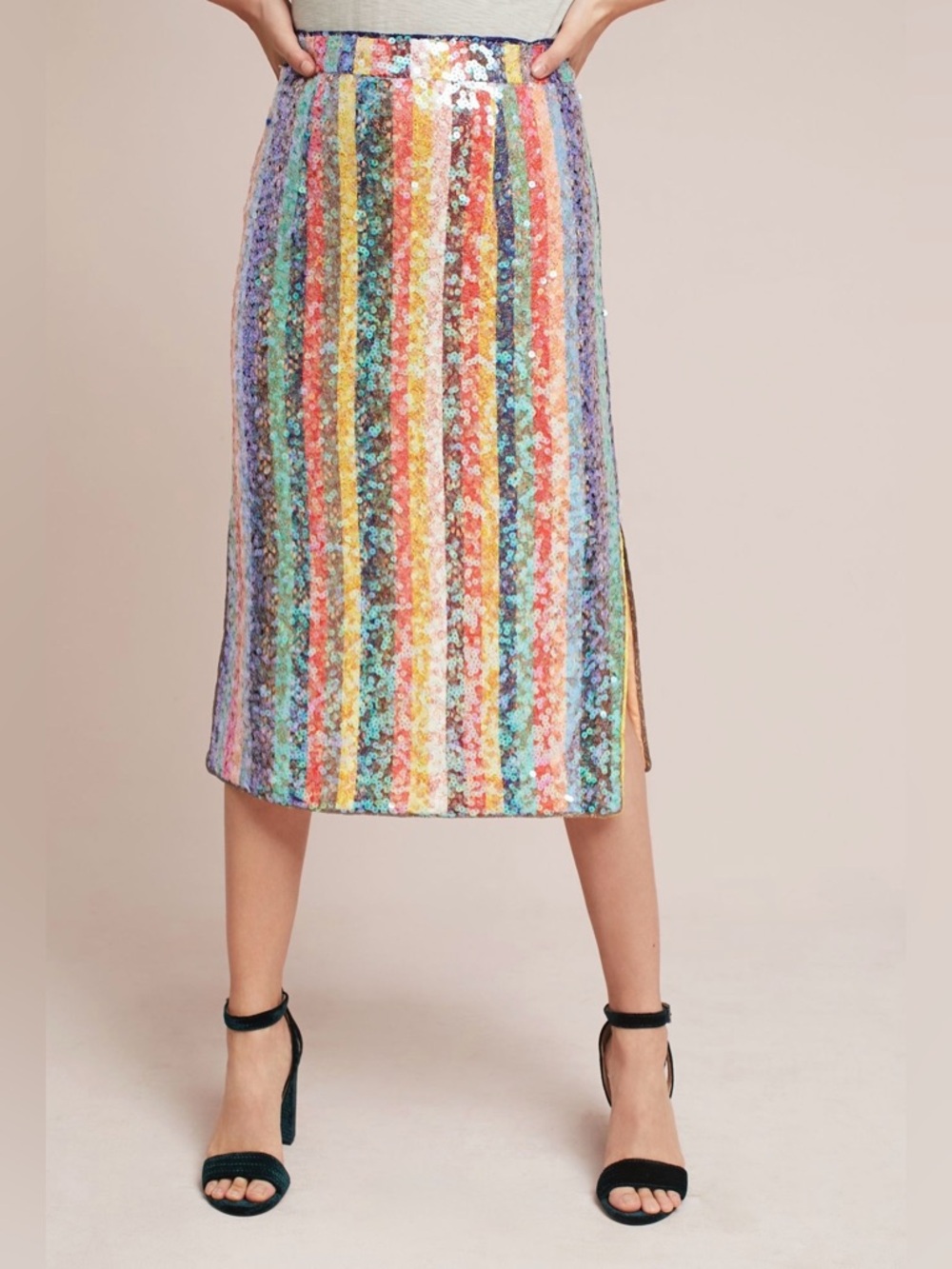 Anthropologie Maeve Sequined Palette Midi Skirt Pink Size 10